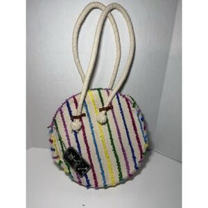 Twig & Arrow Round Purse Multicolor Stripe Rainbow White Canvas Circle Shoulder